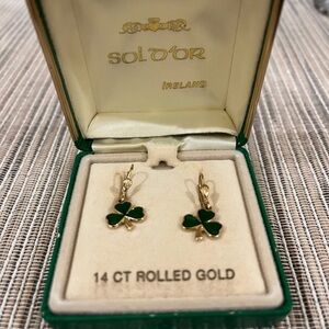 14 CT Rolled Gold and Green Shamrock Earrings from Ireland
